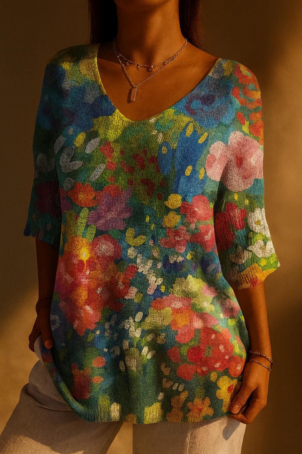Paislee | Women'S Vintage Lovely Floral Art Print Casual Pullover Knit