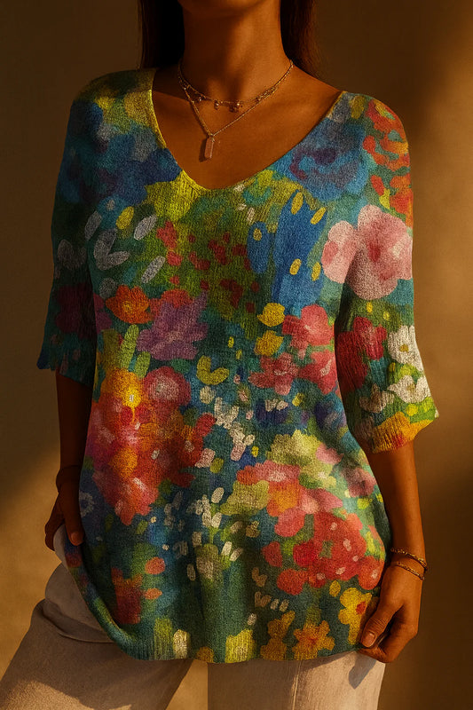 Paislee | Women'S Vintage Lovely Floral Art Print Casual Pullover Knit