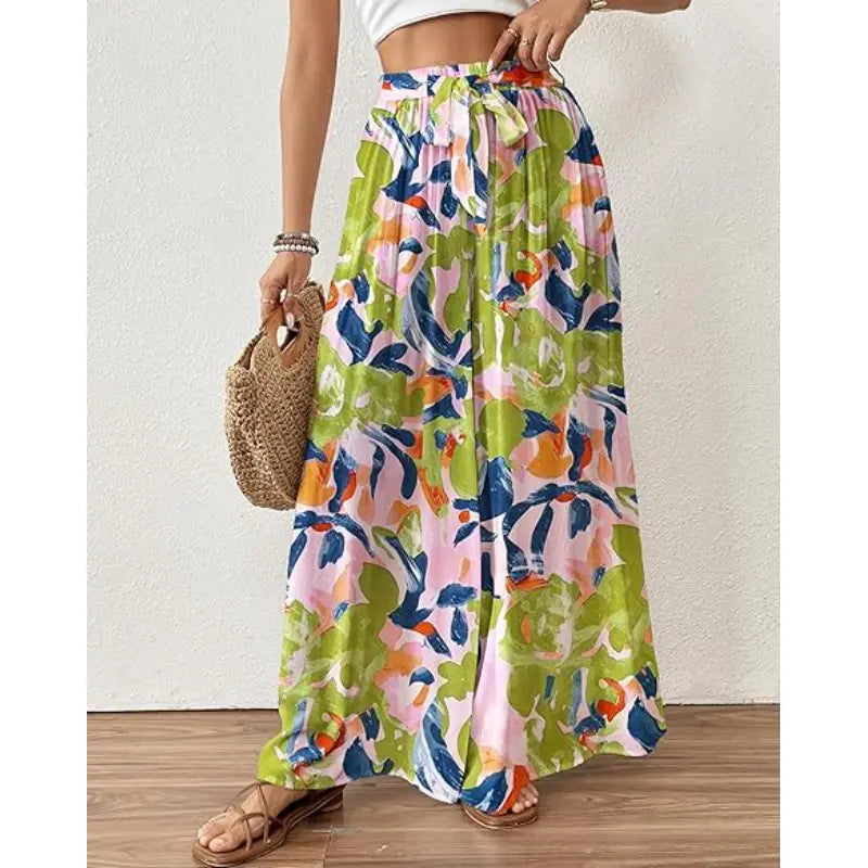 Bsubseach Wide Leg Pants Woman Flowy Floral Palazzo Pants for Women High Waisted Summer Casual Trousers Cruise Outfits