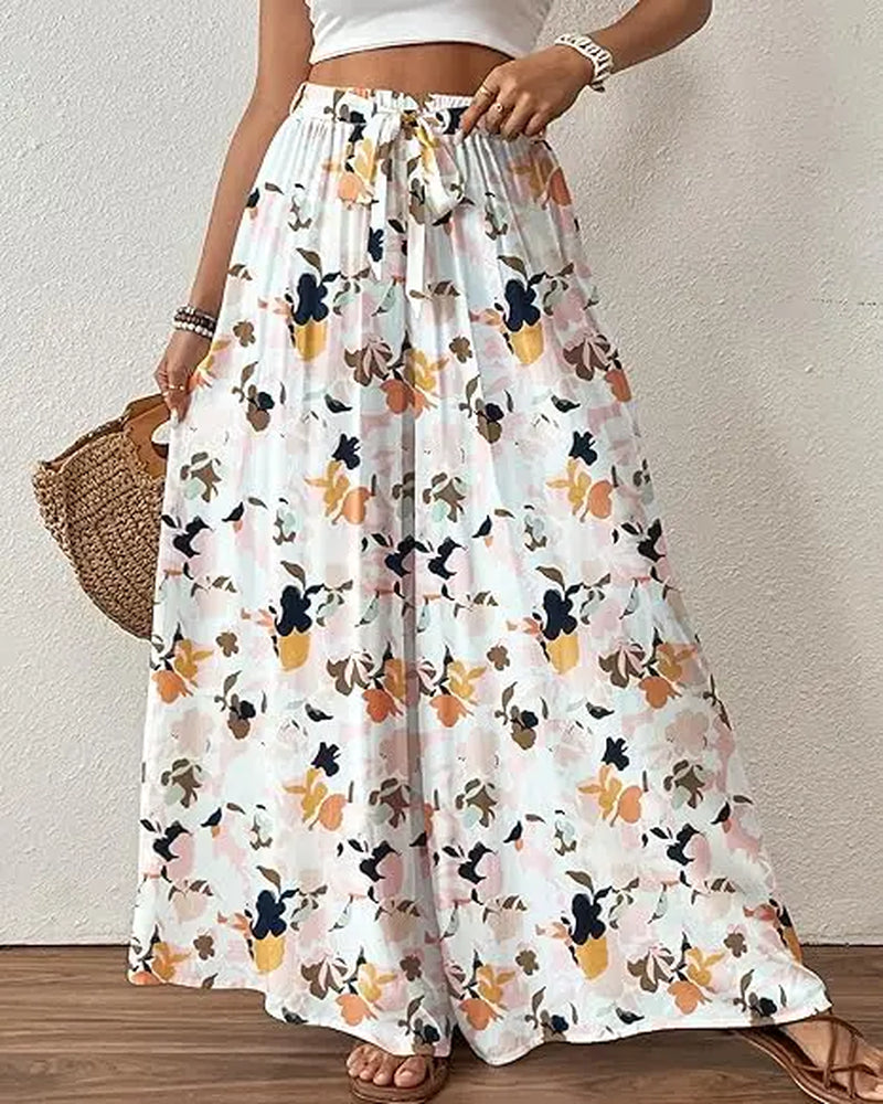 Bsubseach Wide Leg Pants Woman Flowy Floral Palazzo Pants for Women High Waisted Summer Casual Trousers Cruise Outfits